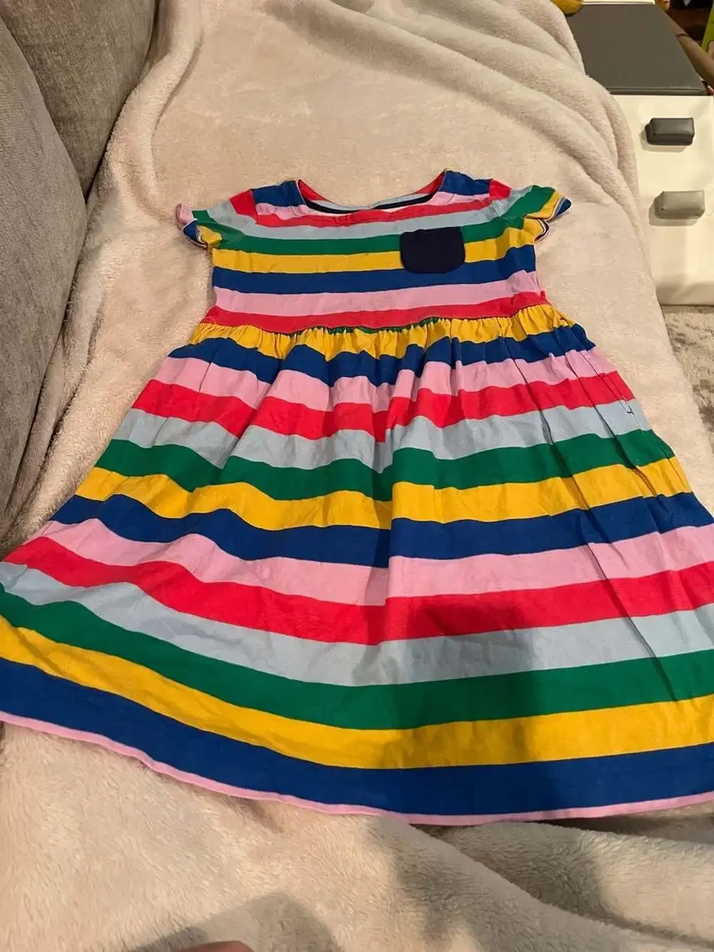 Mini Boden Girls Rainbow Striped Cotton Jersey Dress with Pocket